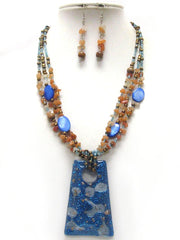 Michelle Ray Jewelry Gold flake deco resin pendant and multi chip stone chain necklace earring set - S11245BL-7866