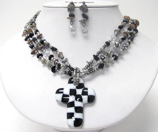 Michelle Ray Jewelry Black and white checker cross pendant and chip stone necklace earring set - S11249BKWH-1118119