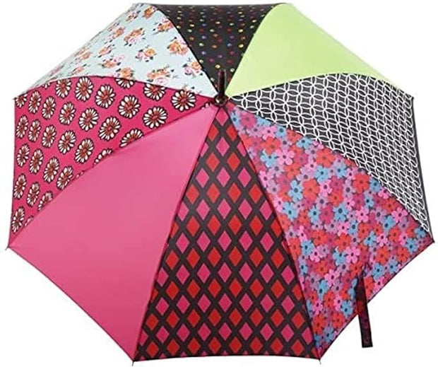 Totes Auto Open Umbrella Wooden Handle, Upcycled Patchwork - 9721 (U47)