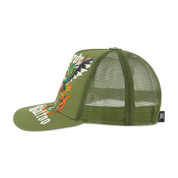 Ed Hardy Rhinestone Dragon Wings Olive Hat O/S - EHH0001-21RS