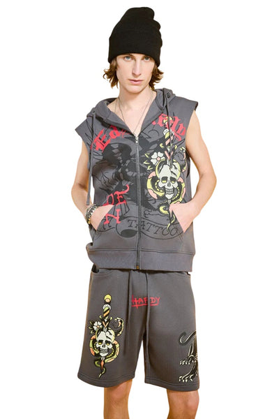 Ed Hardy Panther Skull Fleece Zip Up Cut Off Hoodie - EHM1304-6