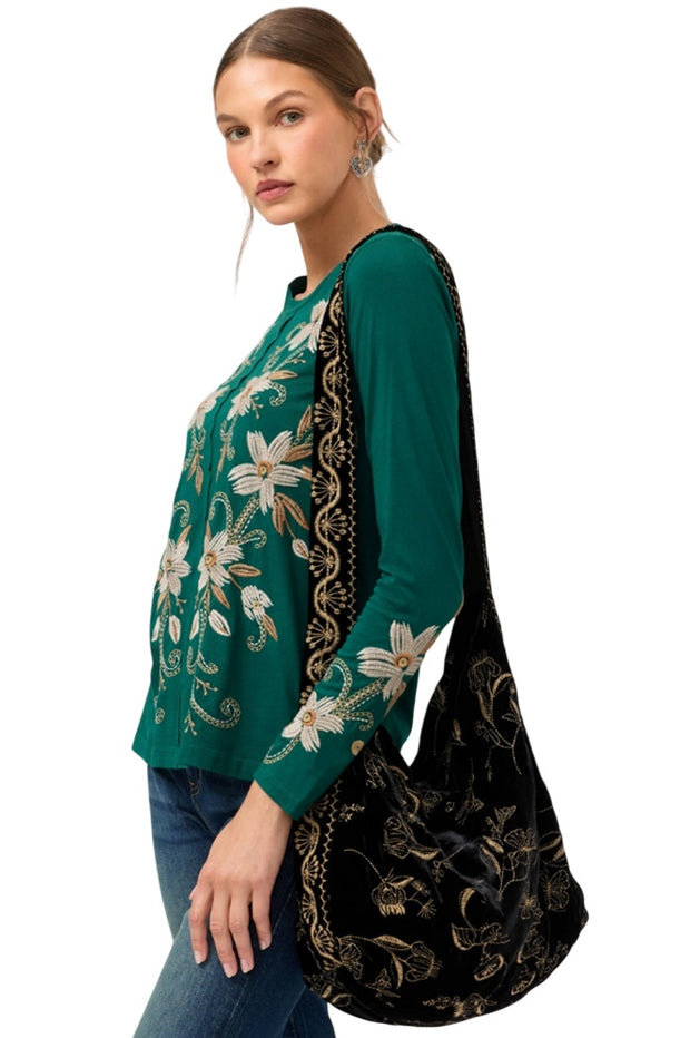 Johnny Was Arles Schiffli Velvet Wide Strap Tote Bag Black - J06225-9