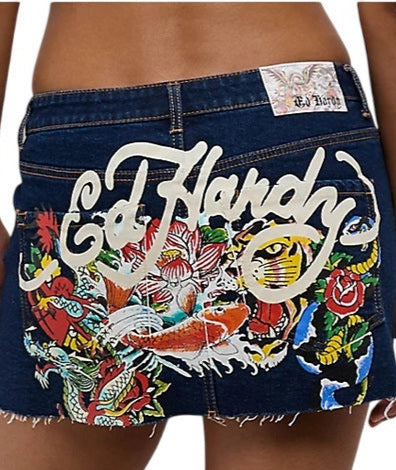 Ed Hardy Tattoo Collage Dark Denim Cutoff Mini Skirt - WEHD6000-14