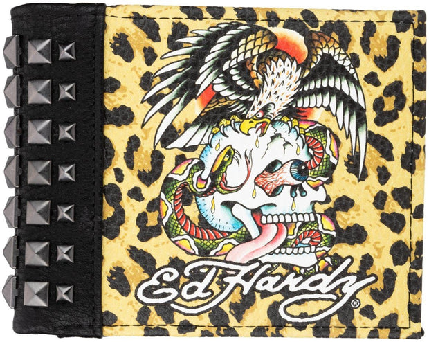 Ed Hardy Leopard Print Skull with Studs Bifold Wallet - WI91628EHQA