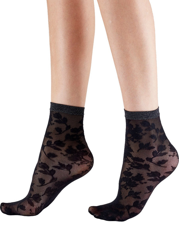 Pretty Polly Floral Lace Ankle High Sheer Socks Black Mix - NPAYJ8