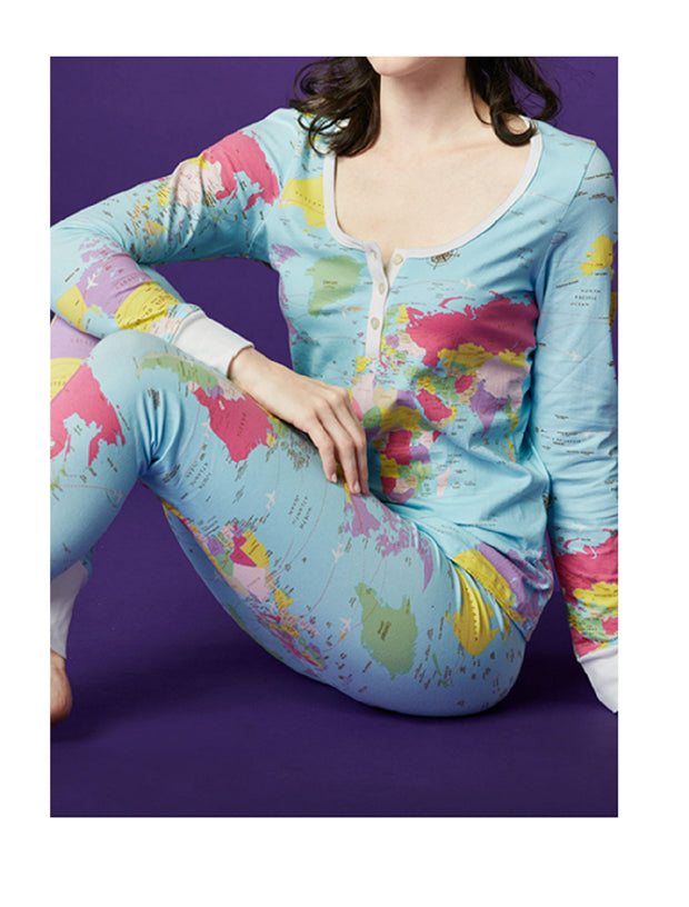 BedHead Pajamas Women's Aqua Around the World L-S Henley PJ Set 1097-S-2457