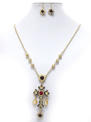 Michelle Ray Jewelry Crystal and epoxy deco antique cross pendant necklace earring set - Y11261GBK-111492