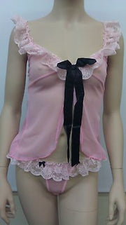 Leg Avenue Mesh Babydoll With Ribbon Tie & Thong, Pink-Black - 81300