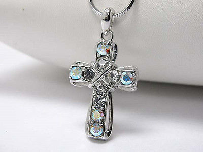 Michelle Ray Jewelry White gold plating crystal stud cross pendant necklace - I1233AB-21787