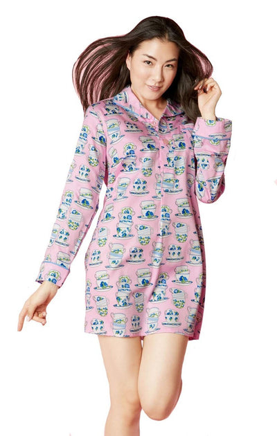 BedHead Pajamas Pink Cuppa Tea Sateen L-S Pleated Nightshirt 1231-CL7-6045