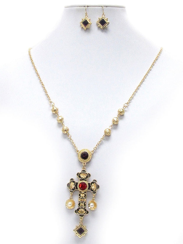 Michelle Ray Jewelry Crystal and epoxy deco antique cross pendant necklace earring set - Y11261GBK-111492