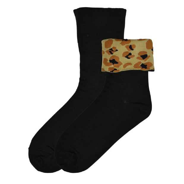 K. Bell Women's Flip Cuff Black Leopard Socks One Size - KBWF14H029-01
